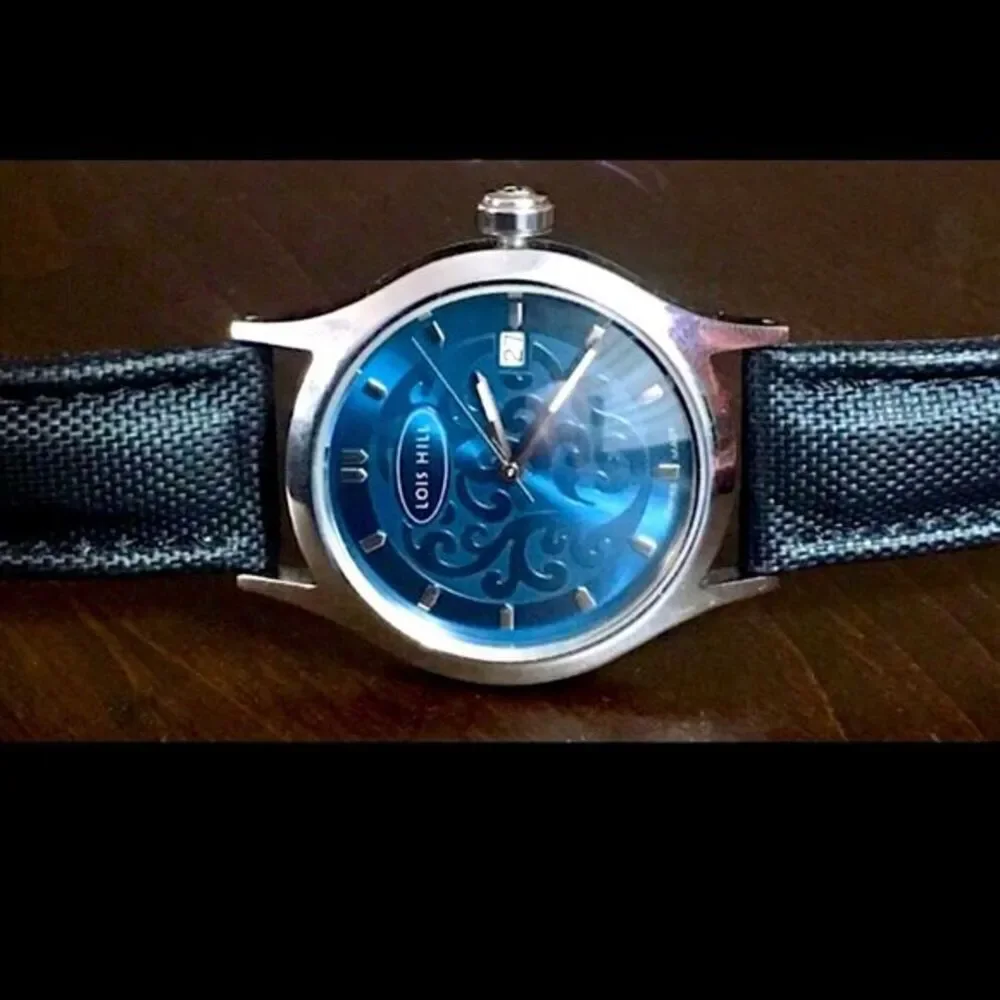 LOIS HILL Swiss Blue Round Face Watch with Black Leather Replacement Band